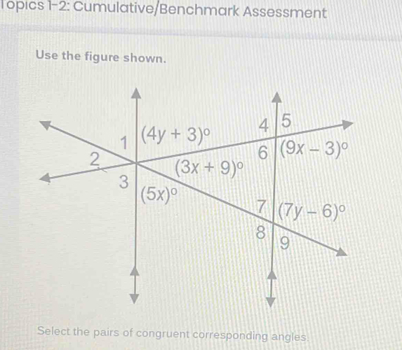 Topics 1-2: Cumulative/Benchmark Assessment
Use the figure shown.
Select the pairs of congruent corresponding angles.