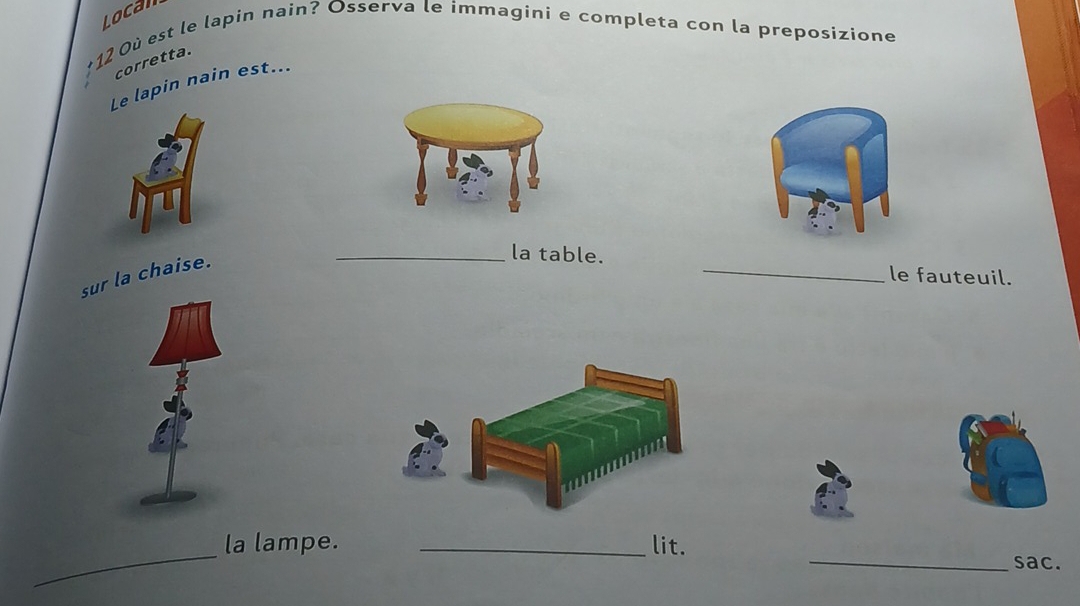 Locan 
+12 Où est le lapin nain? Osserva le immagini e completa con la preposizione 
corretta. 
Le lapin nain est... 
sur la chaise. 
_la table. _le fauteuil. 
_la lampe. _lit. _sac.