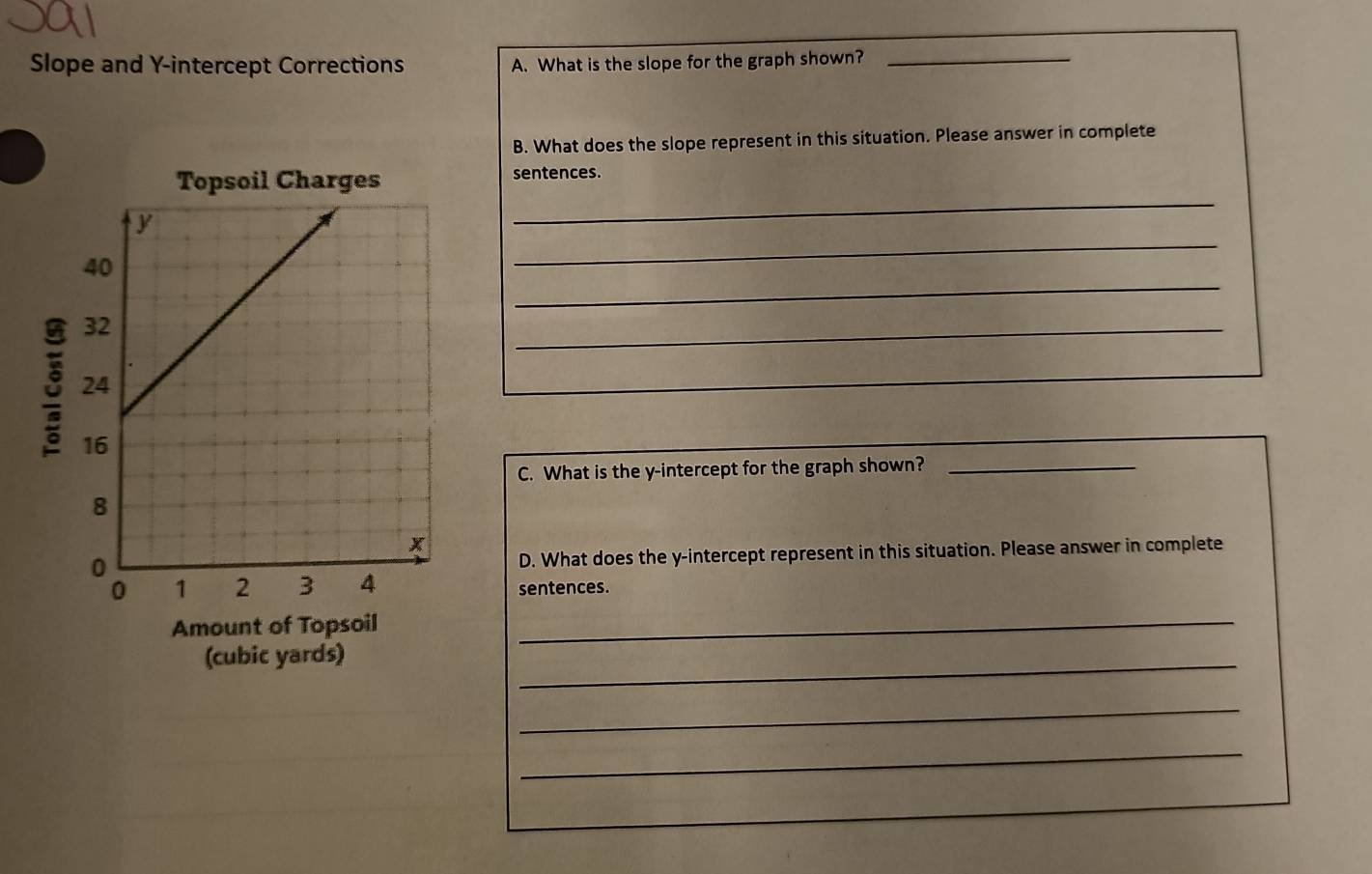 Slope and Y-intercept Corrections A. What is the slope for the graph shown?_ 
B. What does the slope represent in this situation. Please answer in complete 
_ 
Topsoil Charges sentences. 
_ 
_ 
_ 
8 
C. What is the y-intercept for the graph shown?_ 
D. What does the y-intercept represent in this situation. Please answer in complete 
sentences. 
Amount of Topsoil_ 
(cubic yards) 
_ 
_ 
_