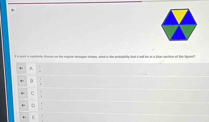 If a point is randomly chosen on the regular hexagon shown, what is the probability that it will be in a blue section of the figure?
A  1/6 
B  1/3 
C  1/2 
D  3/4 
E  2/3 