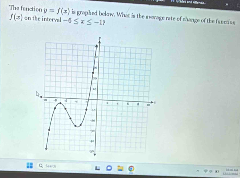 Grades and Attenda... 
The function y=f(x) is graphed below. What is the average rate of change of the function
f(x) on the interval -6≤ x≤ -1 ? 
Search 10:26 AB8 
12/12/2924