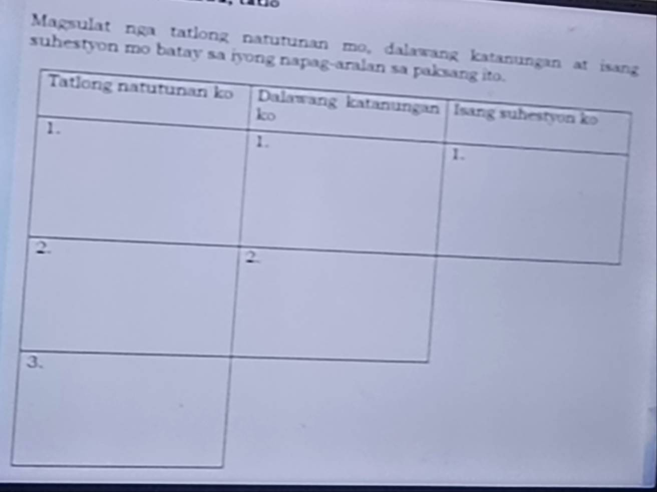 Magsulat nga tatlong natutunan mo, dalawangg 
suhestyon mo batay