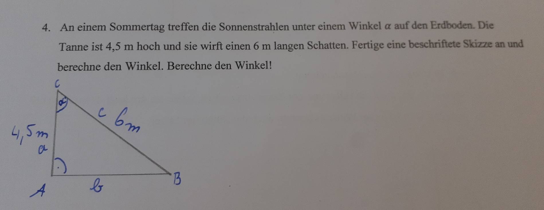 An einem Sommertag treffen die Sonnenstrahlen unter einem Winkel α auf den Erdboden. Die 
Tanne ist 4,5 m hoch und sie wirft einen 6 m langen Schatten. Fertige eine beschriftete Skizze an und 
berechne den Winkel. Berechne den Winkel!