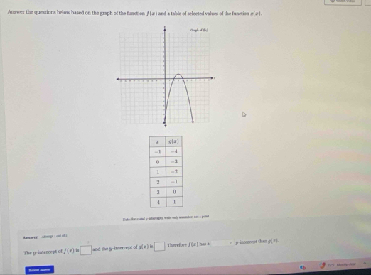 Answer the questions below based on the graph of the function f(x) and a table of selected values of the function g(x).
Note: fhe r and y-interrepts, wette only a nunder, not a point.
ower  Atmopt s ost of s
The y-intercept of f(x) is □ and the y--intercept of g(x) is □ . Therefore f(x) has * y-interrept than g(x).
Bubeatt Aum 7VV Mortty