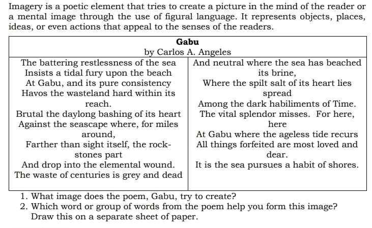 Imagery is a poetic element that tries to create a picture in the mind of the reader or 
a mental image through the use of figural language. It represents objects, places, 
ideas, or even actions that appeal to the senses of the readers. 
2. Which word or group of words from the poem help you form this image? 
Draw this on a separate sheet of paper.