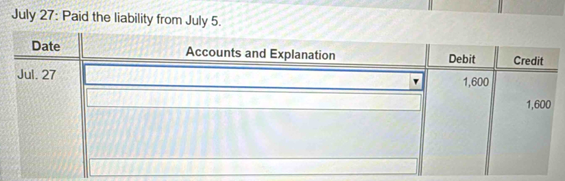 July 27: Paid the liability from July 5.