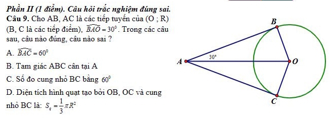 Phần II (1 điểm). Câu hỏi trắc nghiệm đúng sai.
Câu 9. Cho AB, AC là các tiếp tuyển của (O;R)
(B, C là các tiếp điểm), widehat BAO=30°. Trong các câu
sau, câu nào đúng, câu nào sai ?
A. widehat BAC=60°
B. Tam giác ABC cân tại A
C. Sổ đo cung nhỏ BC bằng 60°
D. Diện tích hình quạt tạo bởi OB, OC và cung
nhỏ BC là: S_q= 1/3 π R^2