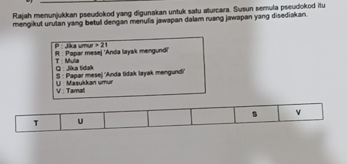 Rajah menunjukkan pseudokod yang digunakan untuk satu aturcara. Susun semula pseudokod itu 
mengikut urutan yang betul dengan menulis jawapan dalam ruang jawapan yang disediakan. 
P : Jika umur 21
R : Papar mesej 'Anda layak mengundi' 
T : Mula 
Q : Jika tidak 
S : Papar mesej ‘Anda tidak layak mengundi’ 
U: Masukkan umur 
V : Tamat 
s v 
T U