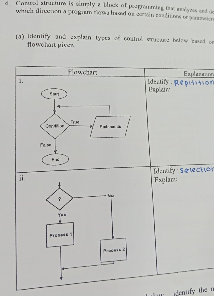 Control structure is simply a block of programming that analyzes and de 
which direction a program flows based on certain conditions or parameters 
(a) Identify and explain types of control structure below based on 
flowchart given. 
Flowchart Explanation 
Identify : 
Explain: 
ii. Identify : Select or 
Explain: 
dentify the n