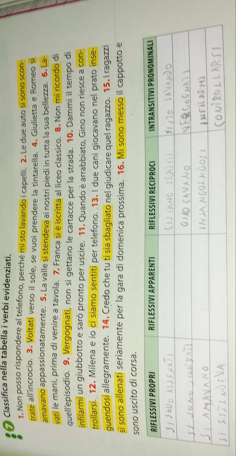 Classifica nella tabella i verbi evidenziati. 
1. Non posso rispondere al telefono, perché mi sto lavando i capelli. 2. Le due auto si sono scon 
trate all'incrocio. 3. Voltati verso il sole, se vuoi prendere la tintarella. 4. Giulietta e Romeo si 
amavano appassionatamente. 5. La valle si stendeva ai nostri piedi in tutta la sua bellezza. 6. La 
vati le mani, prima di venire a tavola. 7. Franca si è iscritta al liceo classico. 8. Non mi ricordo di 
quell'episodio. 9. Vergognati, non si gettano le cartacce per la strada. 10. Dammi il tempo di 
infilarmi un giubbotto e sarò pronto per uscire. 11. Quando è arrabbiato, Gino non riesce a con- 
trollarsi. 12. Milena e io ci siamo sentiti per telefono. 13. I due cani giocavano nel prato inse- 
guendosi allegramente. 14. Credo che tu ti sia sbagliato nel giudicare quel ragazzo. 15. I ragazzi 
si sono allenati seriamente per la gara di domenica prossima. 16. Mi sono messo il cappotto e 
sono uscito di corsa.