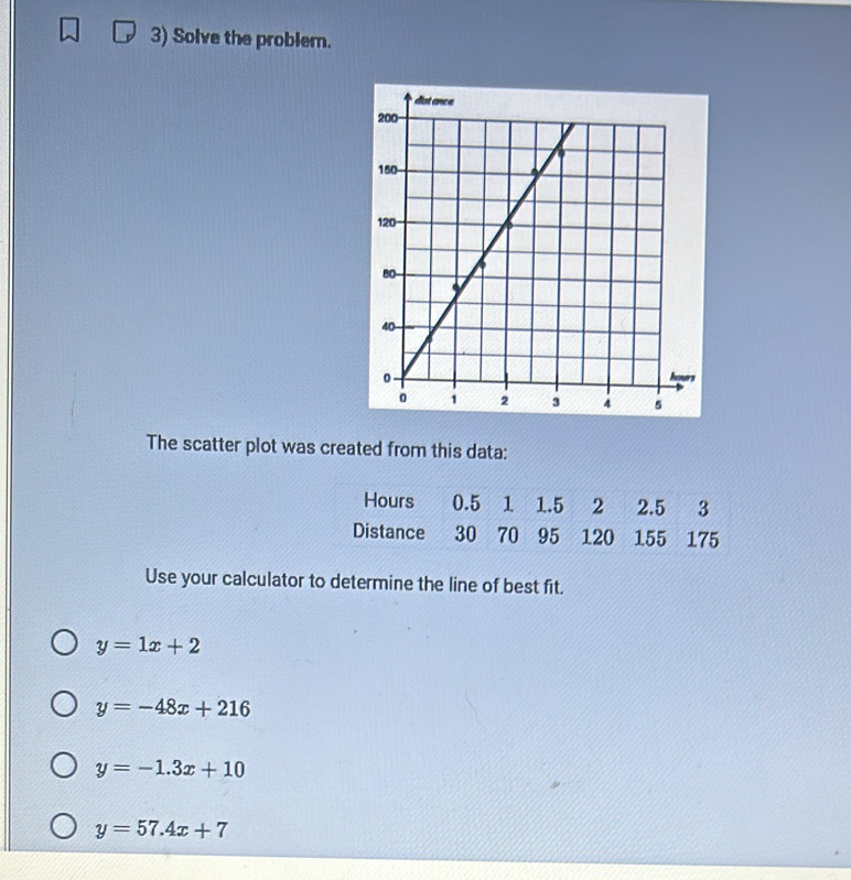 Solve the problem.
The scatter plot was created from this data:
Use your calculator to determine the line of best fit.
y=1x+2
y=-48x+216
y=-1.3x+10
y=57.4x+7