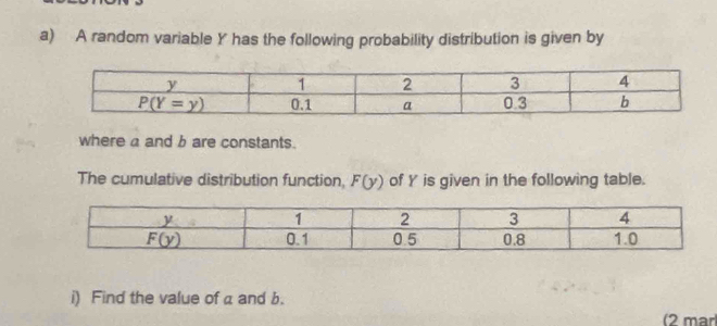 A random variable Y has the following probability distribution is given by
where a and b are constants.
The cumulative distribution function, F(y) of Y is given in the following table.
i) Find the value of a and b.
(2 mar