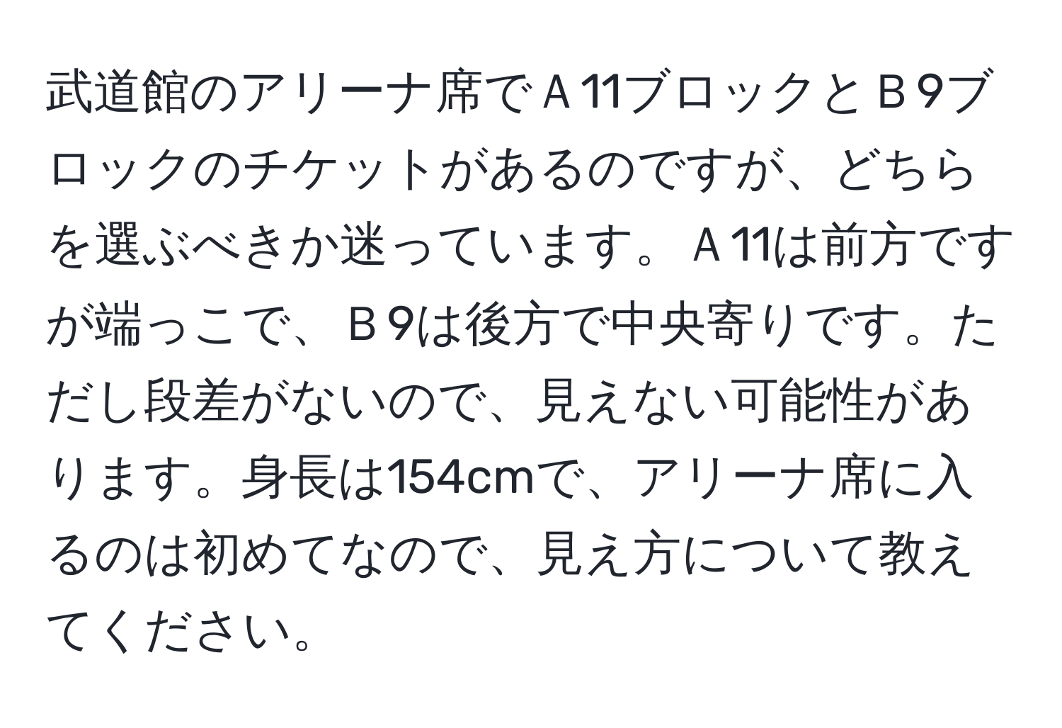 武道館のアリーナ席でＡ11ブロックとＢ9ブロックのチケットがあるのですが、どちらを選ぶべきか迷っています。Ａ11は前方ですが端っこで、Ｂ9は後方で中央寄りです。ただし段差がないので、見えない可能性があります。身長は154cmで、アリーナ席に入るのは初めてなので、見え方について教えてください。