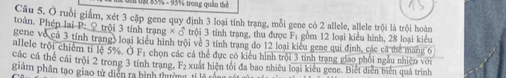 lển tật 85% - 95% trong quân thế 
Câu 5. Ở ruồi giấm, xét 3 cặp gene quy định 3 loại tính trạng, mỗi gene có 2 allele, allele trội là trội hoàn 
toàn. Phép lai P: ♀ trội 3 tính trạng × ♂ trội 3 tính trạng, thu được F_1 gồm 12 loại kiểu hình, 28 loại kiểu 
gene về cả 3 tính trang, loại kiểu hình trội về 3 tính trang do 12 loại kiểu gene qui định, các cả thể mang 6
allele trội chiêm tỉ lệ 5%. Ở F_1 chọn các cá thể đực có kiểu hình trội 3 tính trạng giao phối ngẫu nhiên với 
các cá thể cái trội 2 trong 3 tính trạng, F_2 xuất hiện tối đa bao nhiêu loại kiều gene. Biết diễn biển quá trình 
giảm phân tạo giao tử diễn ra hình thường, tỉ lâ số