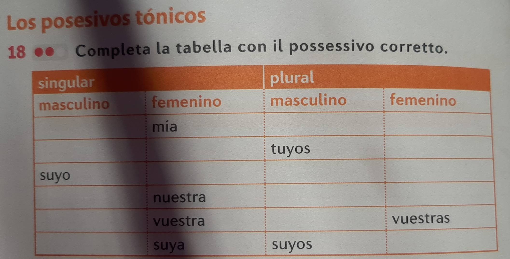 Los posesivos tónicos 
18 
Completa la tabella con il possessivo corretto.