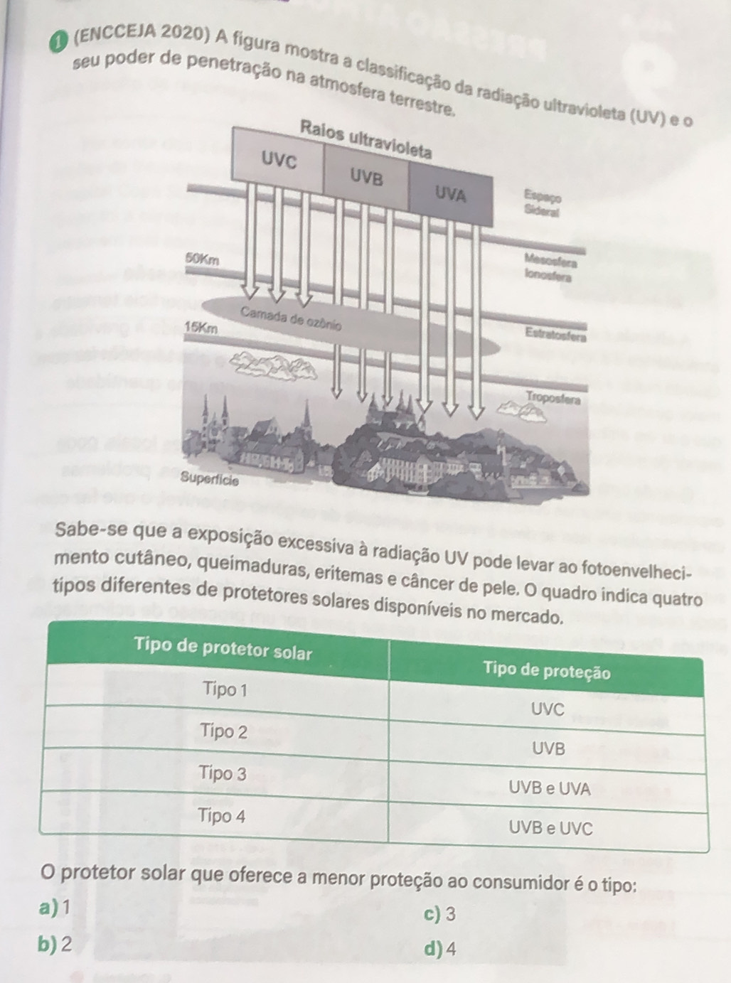 (ENCCEJA 2020) A figura mostra a classificação da radiaça (UV) e o
seu poder de penetração na atmosfera te
Sabe-se que a exposição excessiva à radiação UV pode levar ao fotoenvelheci-
mento cutâneo, queimaduras, eritemas e câncer de pele. O quadro indica quatro
tipos diferentes de protetores solares disponíve
O protetor solar que oferece a menor proteção ao consumidor é o tipo:
a) 1 c) 3
b) 2 d) 4