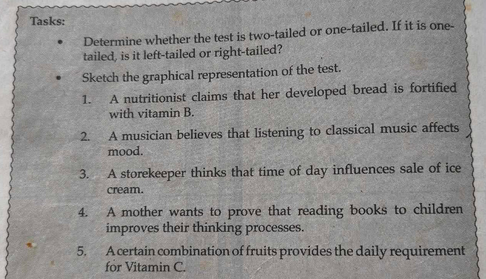 Tasks: 
Determine whether the test is two-tailed or one-tailed. If it is one- 
tailed, is it left-tailed or right-tailed? 
Sketch the graphical representation of the test. 
1. A nutritionist claims that her developed bread is fortified 
with vitamin B. 
2. A musician believes that listening to classical music affects 
mood. 
3. A storekeeper thinks that time of day influences sale of ice 
cream. 
4. A mother wants to prove that reading books to children 
improves their thinking processes. 
5. A certain combination of fruits provides the daily requirement 
for Vitamin C.