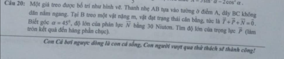 overline alpha -2cos^2alpha .
Câu 20: Một giá treo được bố trí như hình vẽ. Thanh nhẹ AB tựa vào tường ở điểm A, dây BC không 
dãn nằm ngang. Tại B treo một vật nặng m, vật đạt trạng thái cân bằng, tức là vector T+vector P+vector N=vector 0. 
Biết góc alpha =45° , độ lớn của phản lực overline N bằng 30 Niutơn. Tìm độ lớn của trọng lực overline P
tròn kết quả đến hàng phản chục). (làm 
Con Cả bơi ngược dòng là con cá sống, Con người vượt qua thử thách sẽ thành công!