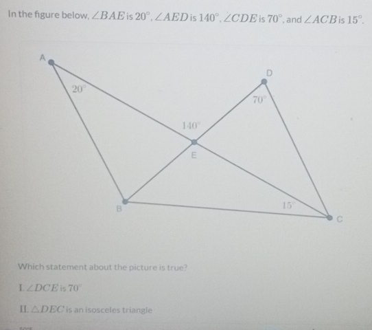 In the figure below, ∠ BAE is 20°,∠ AED is 140°,∠ CDE is 70° , and ∠ ACB ic 15°.
Which statement about the picture is true?
L ∠ DCE is 70°
II. △ DEC is an isosceles triangle