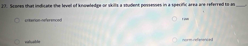 Scores that indicate the level of knowledge or skills a student possesses in a specific area are referred to as _.
criterion-referenced raw
valuable norm-referenced