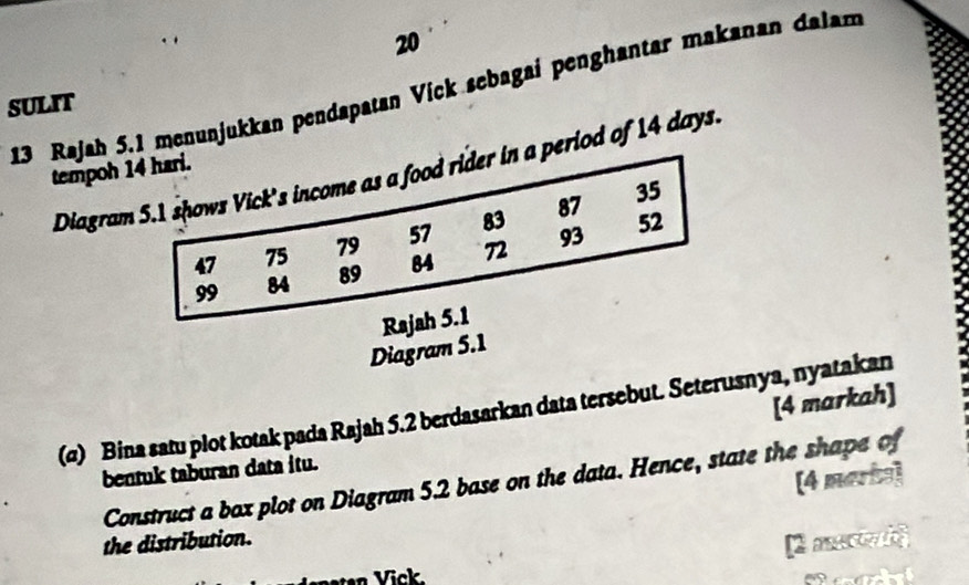 20 
13 Rajah 5.1 menunjukkan pendapatan Víck sebagaí penghantar makanan dalam 
sulit 
Diagram 5.1 shows Vick's income as a food rider in a period of 14 days. 
tempoh 14 hari.
47 75 79 57 83 87
35
99 84 89 84 72 93
52
Rajah 5.1 
Diagram 5.1 
[4 markah] 
(σ) Bina satu plot kotak pada Rajah 5.2 berdasarkan data tersebut. Seterusnya, nyatakan 
bentuk taburan data itu. 
[4 marks] 
Construct a box plot on Diagram 5.2 base on the data. Hence, state the shape of 
the distribution. 
n V ick.