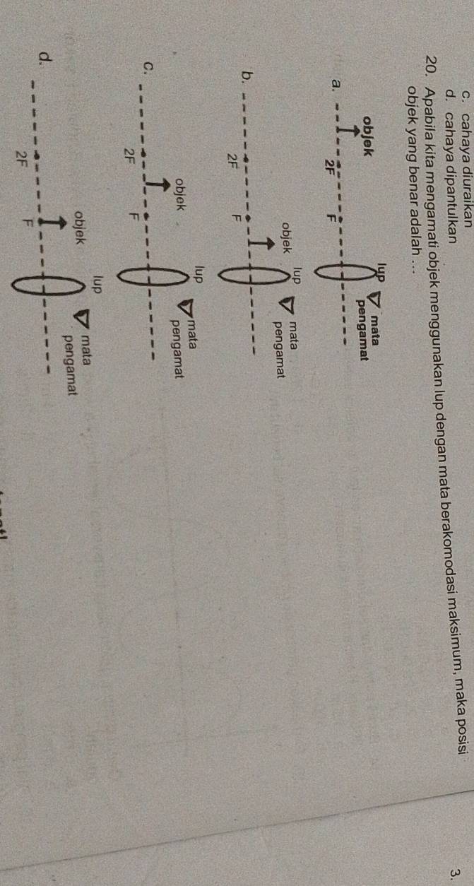 c. cahaya diuraikan
d. cahaya dipantulkan
20. Apabila kita mengamati objek menggunakan lup dengan mata berakomodasi maksimum, maka posisi
3.
objek yang benar adalah ...
lup
objek mata
pengamat
a.
2F F
lup mata
objek pengamat
b.
2F F