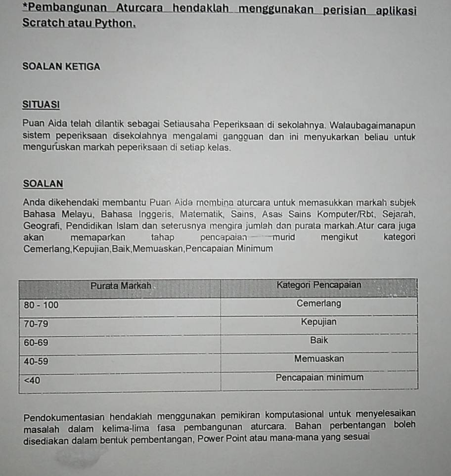 Pembangunan Aturcara hendaklah menggunakan perisian aplikasi
Scratch atau Python.
SOALAN KETIGA
SITUASI
Puan Aida telah dilantik sebagai Setiausaha Peperiksaan di sekolahnya. Walaubagaimanapun
sistem peperiksaan disekolahnya mengalami gangguan dan ini menyukarkan beliau untuk 
menguruskan markah peperiksaan di setiap kelas.
SOALAN
Anda dikehendaki membantu Puan Aida membina aturcara untuk memasukkan markah subjek
Bahasa Melayu, Bahasa Inggeris, Matematik, Sains, Asas Sains Komputer/Rbt, Sejarah,
Geografi, Pendidikan Islam dan seterusnya mengira jumlah dan purata markah.Atur cara juga
akan memaparkan tahap pencapaian murid mengikut kategori
Cemerlang,Kepujian,Baik,Memuaskan,Pencapaian Minimum
Pendokumentasian hendaklah menggunakan pemikiran komputasional untuk menyelesaikan
masalah dalam kelima-lima fasa pembangunan aturcara. Bahan perbentangan boleh
disediakan dalam bentuk pembentangan, Power Point atau mana-mana yang sesuai