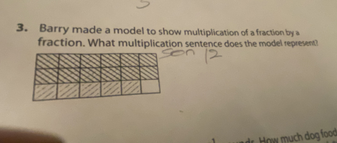 Barry made a model to show multiplication of a fraction by a 
fraction. What multiplication sentence does the model represent? 
How much dog food