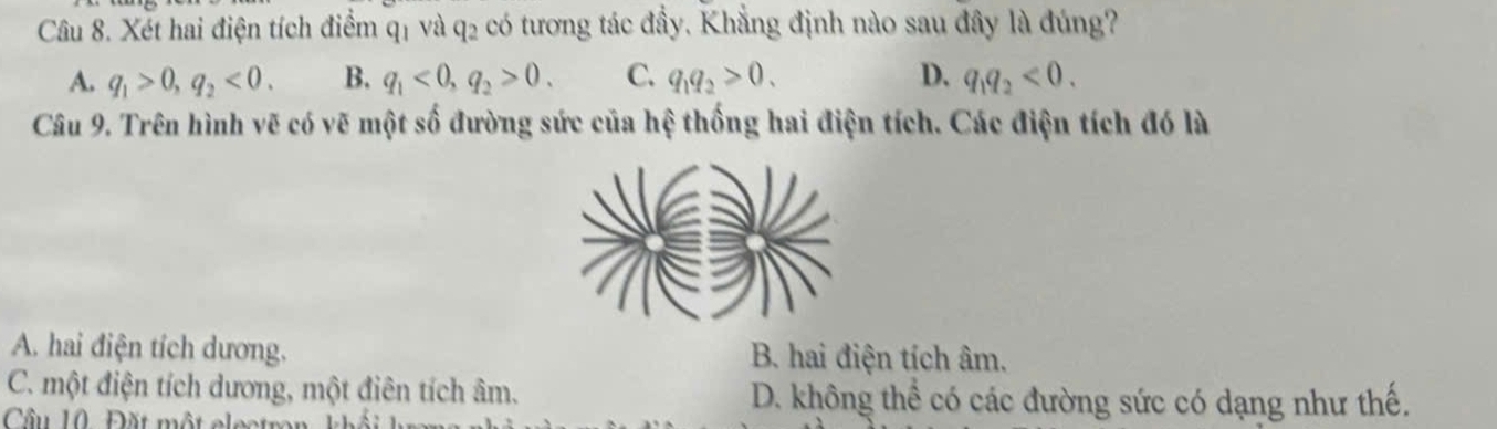 Xết hai điện tích điểm q1 và q2 có tương tác đầy. Khẳng định nào sau đây là đúng?
A. q_1>0, q_2<0</tex>. B. q_1<0</tex>, q_2>0. C. q_1q_2>0. D. q_1q_2<0</tex>. 
Câu 9. Trên hình vẽ có vẽ một số đường sức của hệ thống hai điện tích. Các điện tích đó là
A. hai điện tích dương. B. hai điện tích âm.
C. một điện tích dương, một điên tích âm. D. không thể có các đường sức có dạng như thế.
Cầu 10. Đặt một elect