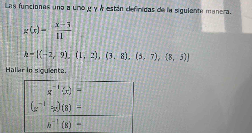 Las funciones uno a uno g y h están definidas de la siguiente manera.
g(x)= (-x-3)/11 
h= (-2,9),(1,2),(3,8),(5,7),(8,5)
Hallar lo siguiente.