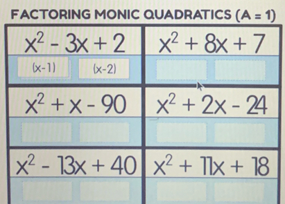 FACTORING MONIC QUADRATICS (A=1)