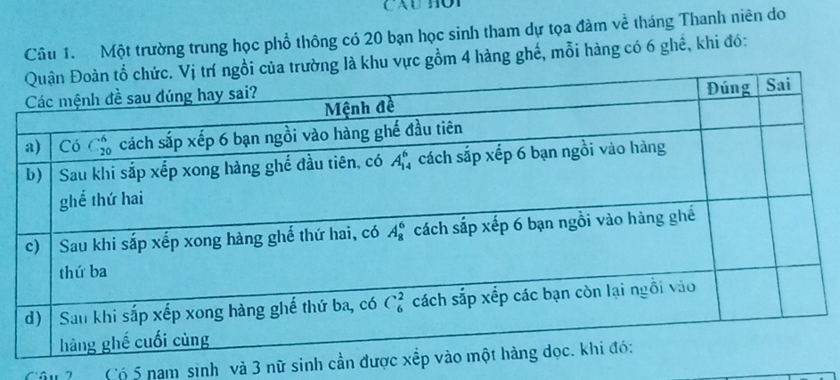 Một trường trung học phổ thông có 20 bạn học sinh tham dự tọa đàm về tháng Thanh niên do
là khu vực gồm 4 hàng ghế, mỗi hàng có 6 ghế, khi đó:
Có 5 nam sinh và 3 nữ sinh cầ