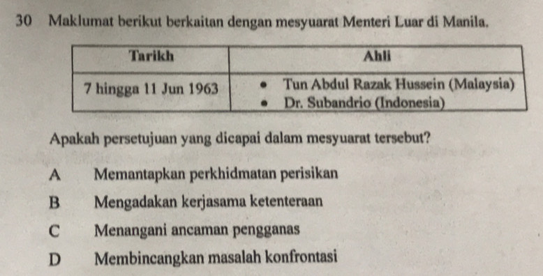 Maklumat berikut berkaitan dengan mesyuarat Menteri Luar di Manila.
Apakah persetujuan yang dicapai dalam mesyuarat tersebut?
A Memantapkan perkhidmatan perisikan
B Mengadakan kerjasama ketenteraan
C Menangani ancaman pengganas
D Membincangkan masalah konfrontasi