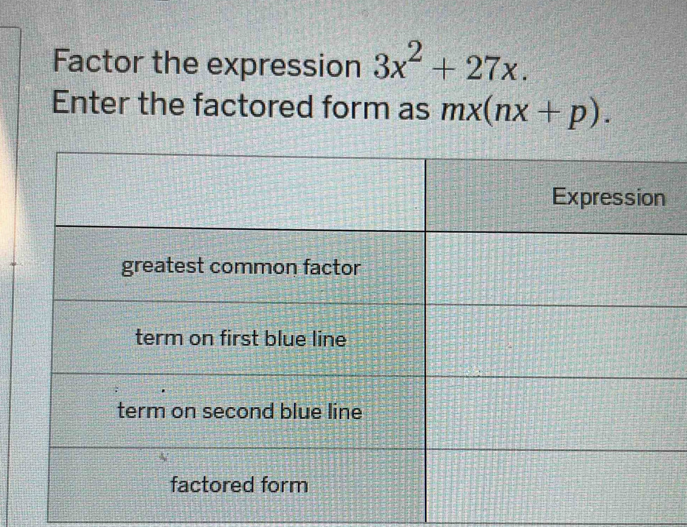 Factor the expression 3x^2+27x. 
Enter the factored form as mx(nx+p).