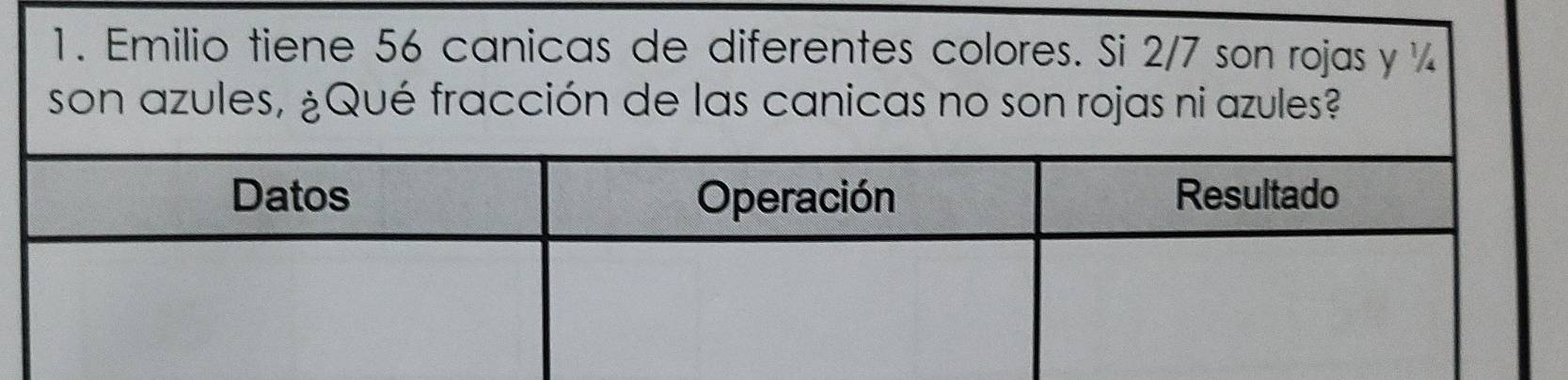 Solved: Emilio tiene 56 canicas de diferentes colores. Si 2/7 son rojas ...