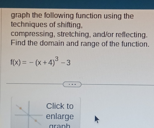 graph the following function using the 
techniques of shifting, 
compressing, stretching, and/or reflecting. 
Find the domain and range of the function.
f(x)=-(x+4)^3-3
Click to 
enlarge 
granh