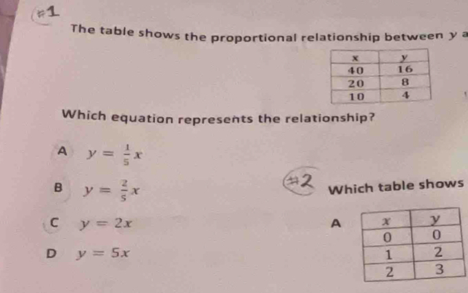 The table shows the proportional relationship between y a
Which equation represents the relationship?
A y= 1/5 x
B y= 2/5 x
Which table shows
C y=2x
A
D y=5x