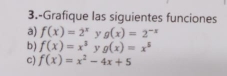 3.-Grafique las siguientes funciones 
a) f(x)=2^x y g(x)=2^(-x)
b) f(x)=x^3 y g(x)=x^5
c) f(x)=x^2-4x+5