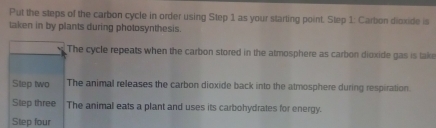 Put the steps of the carbon cycle in order using Step 1 as your starting point. Step 1 : Carbon dioxide is 
taken in by plants during photosynthesis. 
The cycle repeats when the carbon stored in the atmosphere as carbon dioxide gas is take 
Slep two The animal releases the carbon dioxide back into the atmosphere during respiration. 
Slep three The animal eats a plant and uses its carbohydrates for energy. 
Step four