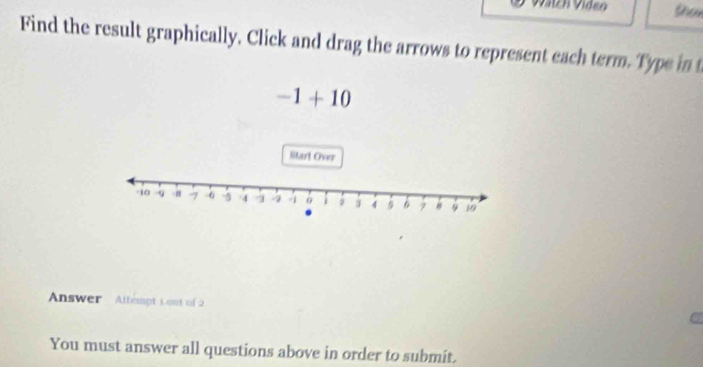 than 
Find the result graphically. Click and drag the arrows to represent each term. Type in t
-1+10
litart Over 
Answer Altempt Lout of 2
You must answer all questions above in order to submit.