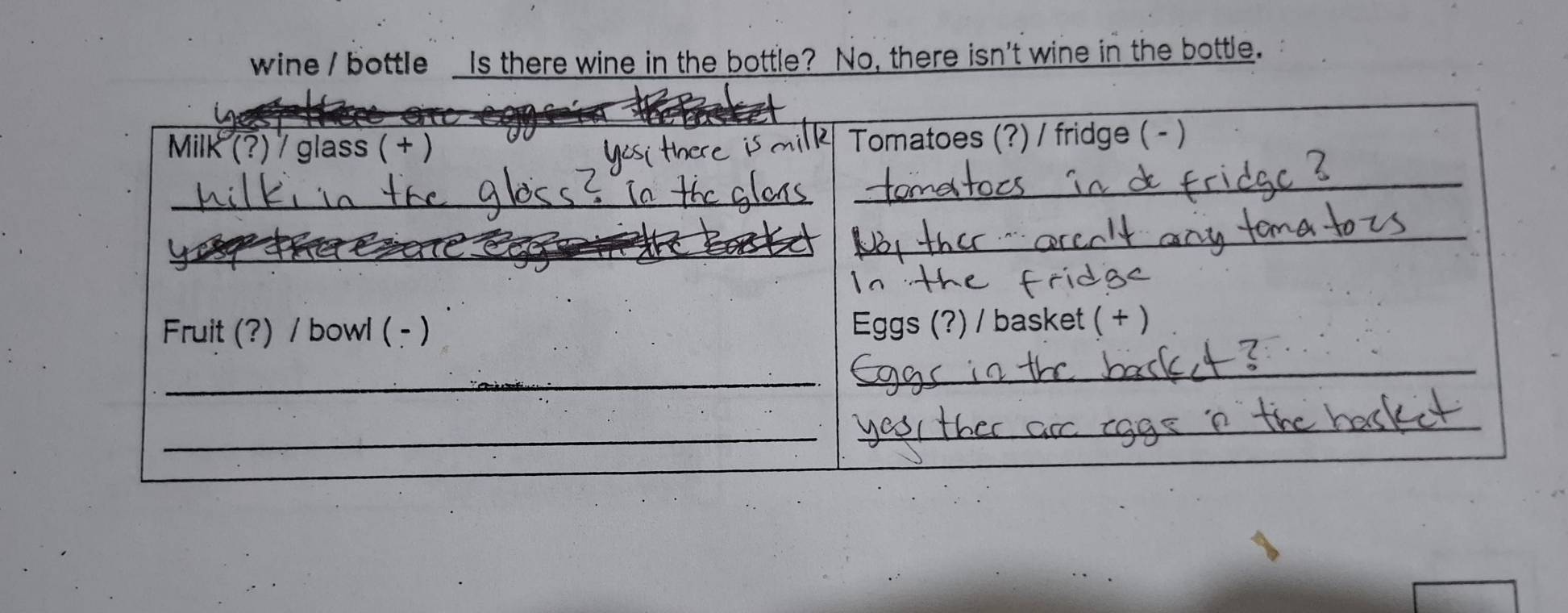 wine / bottle Is there wine in the bottle? No, there isn't wine in the bottle. 
_ 
Milk (?) / ss (+ ) __Tomatoes (?) / fridge ( - ) 
_ 
_ 
_ 
_ 
Fruit (?) / bowl ( - ) Eggs (?) / basket ( + ) 
_ 
_ 
_ 
_