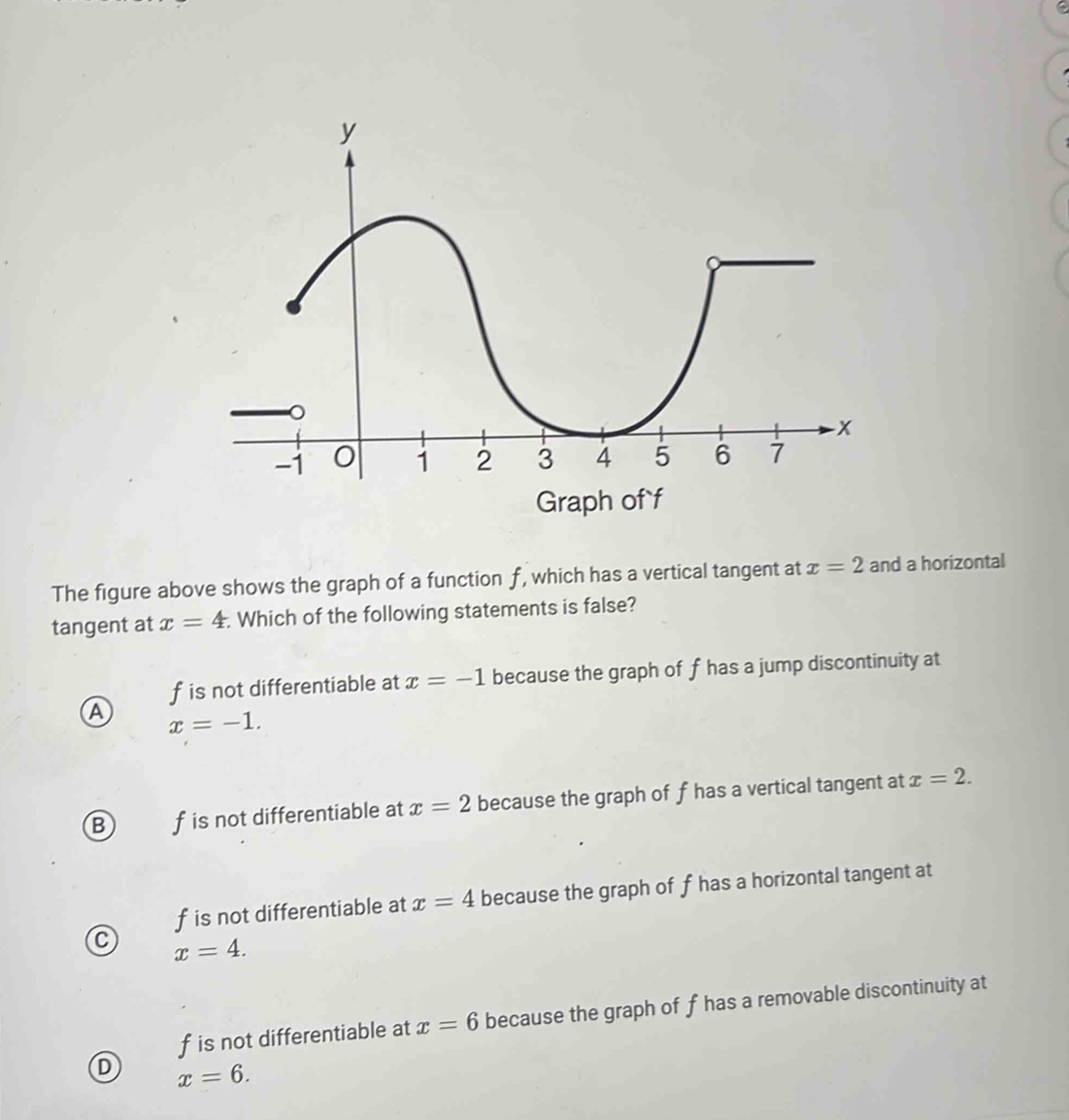 The figure above shows the graph of a function f, which has a vertical tangent at x=2 and a horizontal
tangent at x=4 : Which of the following statements is false?
f is not differentiable at x=-1 because the graph of f has a jump discontinuity at
A x=-1.
B f is not differentiable at x=2 because the graph of f has a vertical tangent at x=2.
f is not differentiable at x=4 because the graph of f has a horizontal tangent at
x=4.
f is not differentiable at x=6 because the graph of f has a removable discontinuity at
D x=6.