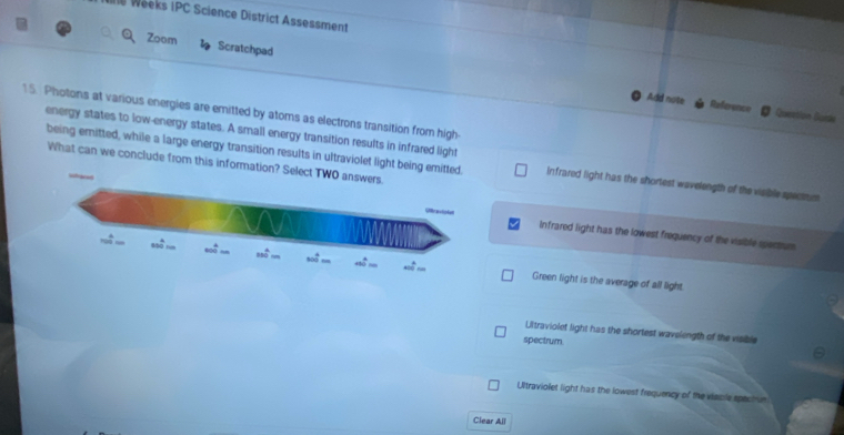 Wne Wéeks IPC Science District Assessment
a Zoom Scratchpad
Add note     Question Guide
15. Photons at various energies are emitted by atoms as electrons transition from high-
being emitted, while a large energy transition results in ultraviolet light bei
energy states to low-energy states. A small energy transition results in infrared light Infrared light has the shortest wavelength of the visible spectrum
What can we conclude from this inform
Infrared light has the lowest frequency of the visible spensum
Green light is the average of all light.
Ultraviolet light has the shortest wavelength of the visible
spectrum
Ultraviolet light has the lowest frequency of the viacile spechun
Clear All
