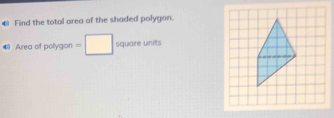 Find the total area of the shaded polygon. 
Area of polygon =□ square units