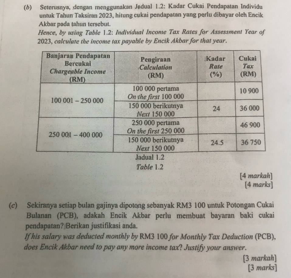 Seterusnya, dengan menggunakan Jadual 1.2: Kadar Cukai Pendapatan Individu 
untuk Tahun Taksiran 2023, hitung cukai pendapatan yang perlu dibayar oleh Encik 
Akbar pada tahun tersebut. 
Hence, by using Table 1.2: Individual Income Tax Rates for Assessment Year of
2023, calculate the income tax payable by Encik Akbar for that year. 
Table 1.2 
[4 markah] 
[4 marks] 
(c) Sekiranya setiap bulan gajinya dipotong sebanyak RM3 100 untuk Potongan Cukai 
Bulanan (PCB), adakah Encik Akbar perlu membuat bayaran baki cukai 
pendapatan? Berikan justifikasi anda. 
If his salary was deducted monthly by RM3 100 for Monthly Tax Deduction (PCB), 
does Encik Akbar need to pay any more income tax? Justify your answer. 
[3 markah] 
[3 marks]