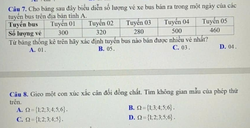 Cho bảng sau đây biểu diễn số lượng vé xe bus bán ra trong một ngày của các
Từ bảng thống kê trên hãy xác định tuyển bus nào bán được nhiều vé nh
A. 01. B. 05. C. 03. D. 04.
Câu 8. Gieo một con xúc xắc cân đối đồng chất. Tìm không gian mẫu của phép thứ
trên.
A. Omega = 1;2;3;4;5;6.
B. Omega = 1;3;4;5;6.
C. Omega = 1;2;3;4;5.
D. Omega = 1;2;3;5;6.