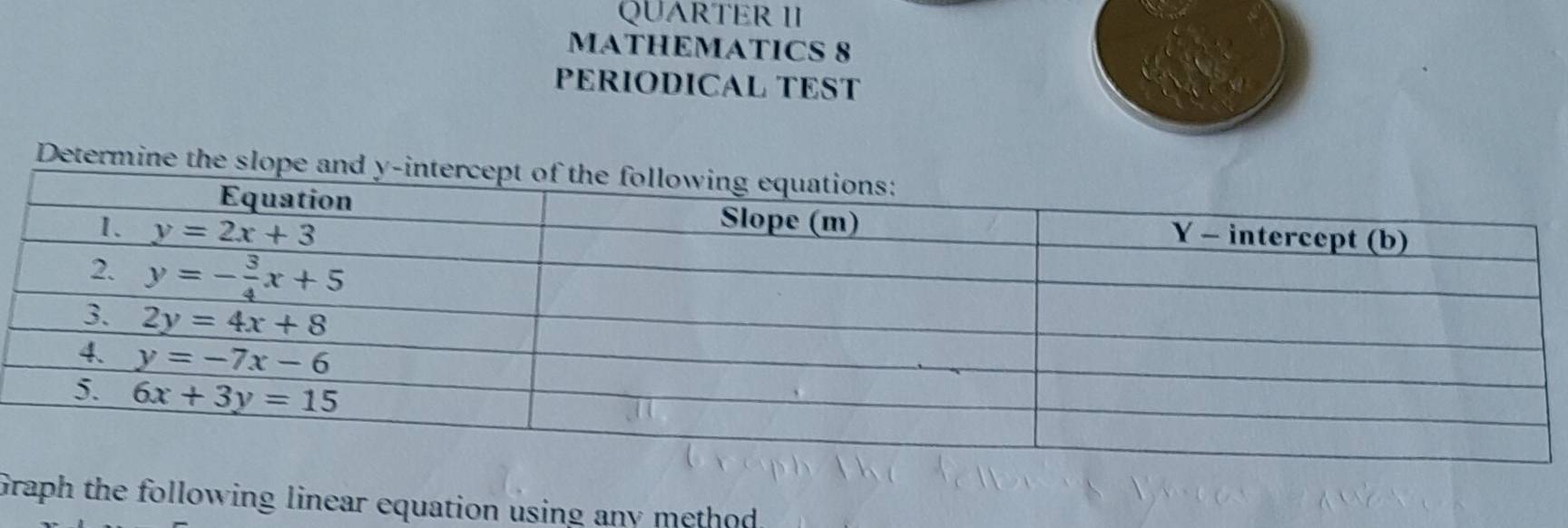 QUARTER II
MATHEMATICS 8
PÉRIODICAL TÉST
Determine the slope and y-
Graph the following linear equation using any method.