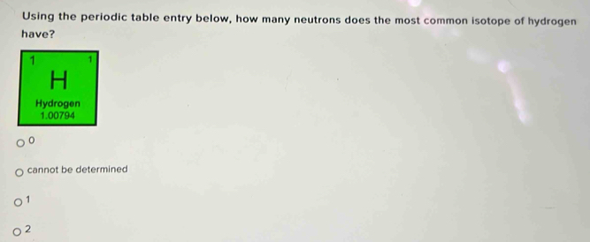 Using the periodic table entry below, how many neutrons does the most common isotope of hydrogen
have?
cannot be determined
1
2