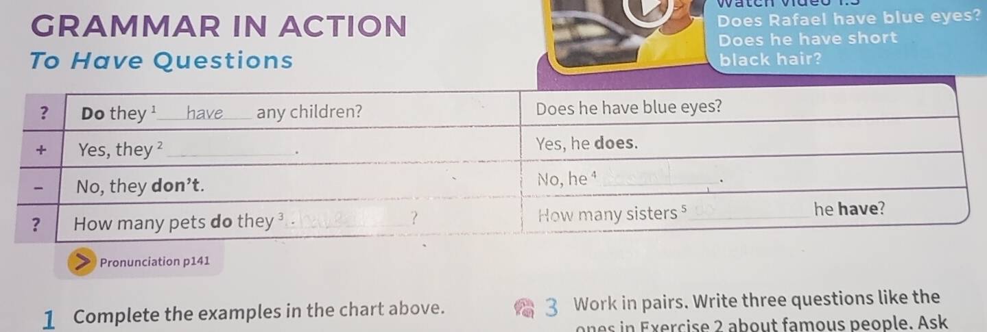 Resuelto:GRAMMAR IN ACTION Does Rafael have blue eyes? Does he have ...