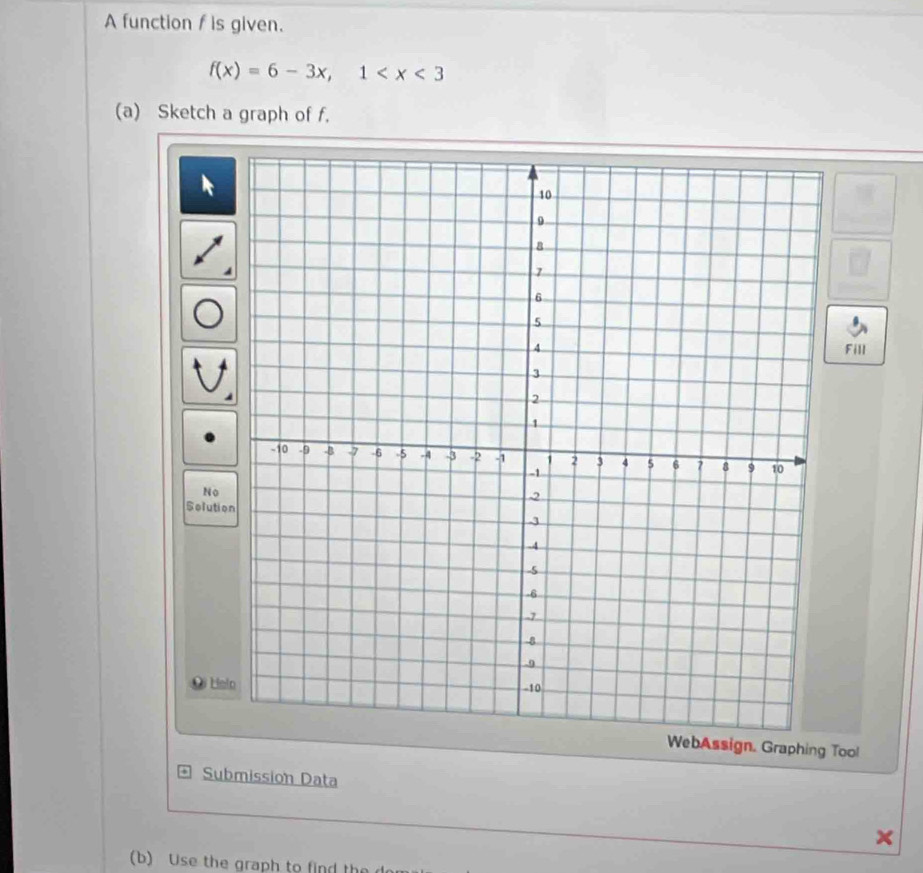 A function f is given.
f(x)=6-3x, 1
(a) Sketch a graph of f. 
Fill 
No 
Solutio 
Hel 
Assign. Graphing Tool 
Submission Data 
(b) Use the graph to find the